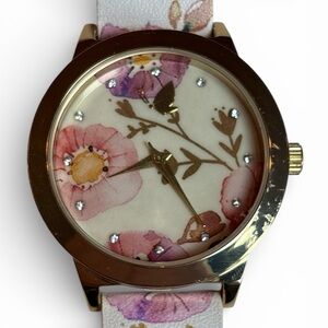 Kathy Davis Scatter Joy Floral Quartz Watch Gold Tone Pink Flower Band